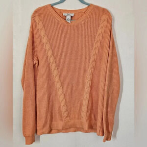 Magaschoni Womens M Orange‎ Cable Knit Cotton Crew Neck Long Sleeve Sweater